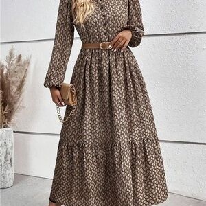 Elegant Brown Patterned Maxi Dress